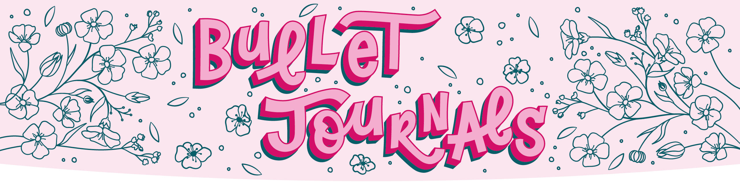 Bulet Journals title with floral outline designs on a pink background
