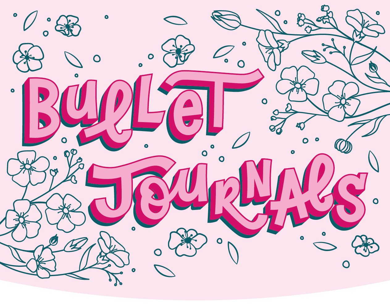 Bulet Journals title with floral outline designs on a pink background