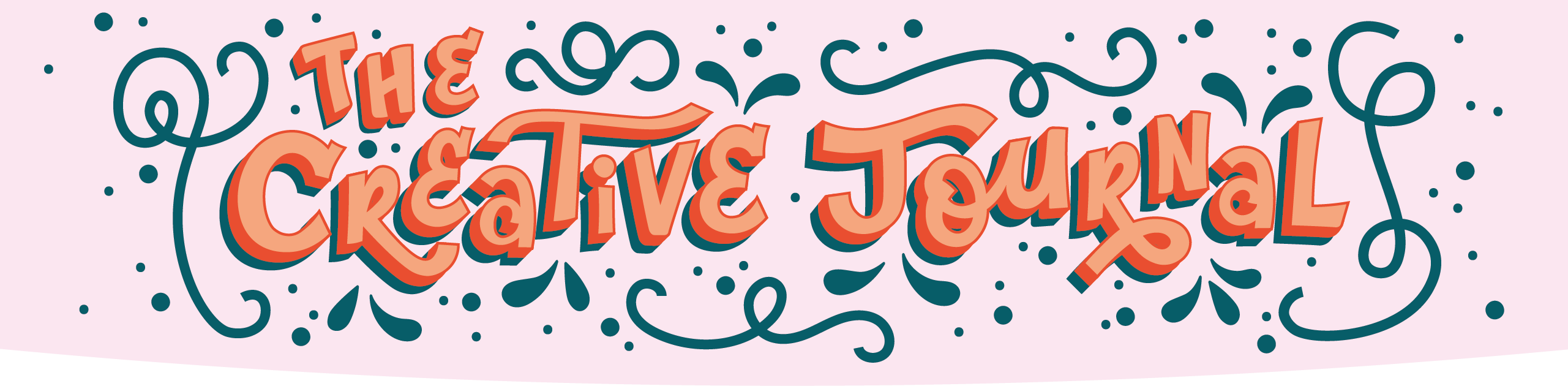 Decorative banner with 'The Creative Journal' text on a pink background with scalloped edge and decoration of lines, splashes and dots