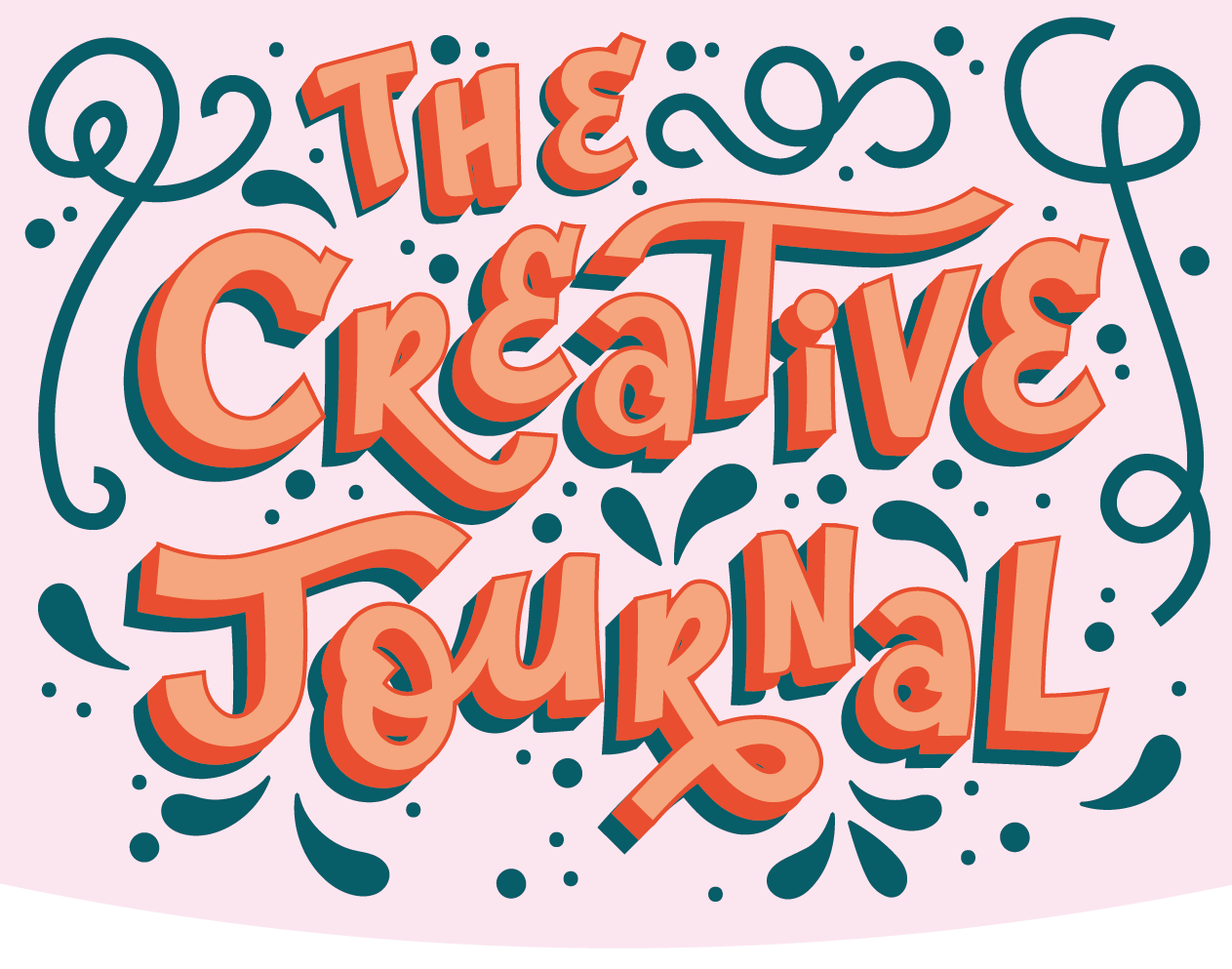 Decorative banner with 'The Creative Journal' text on a pink background with scalloped edge and decoration of lines, splashes and dots