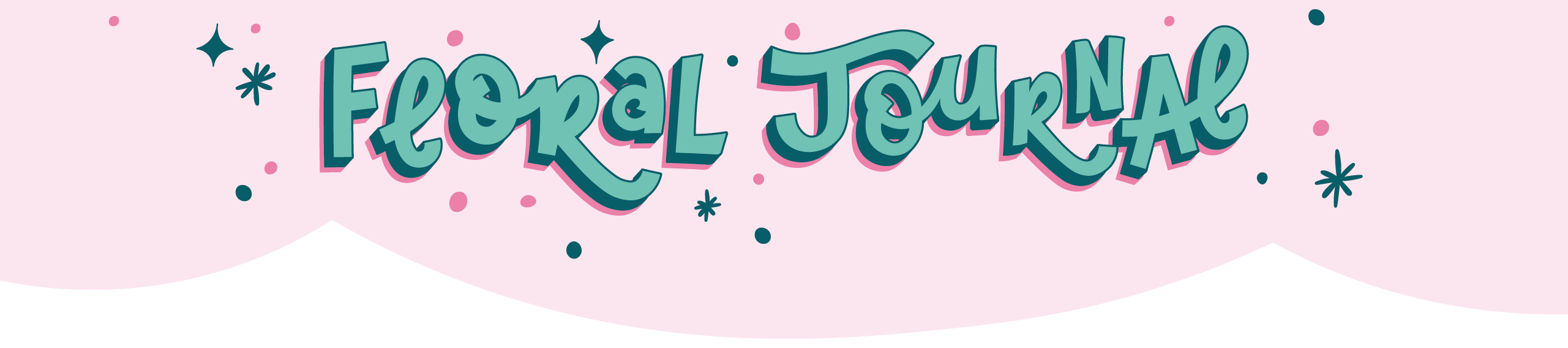 Decorative banner with 'Floral Journal' text on a pink background with scalloped edge and decoration of stars and dots