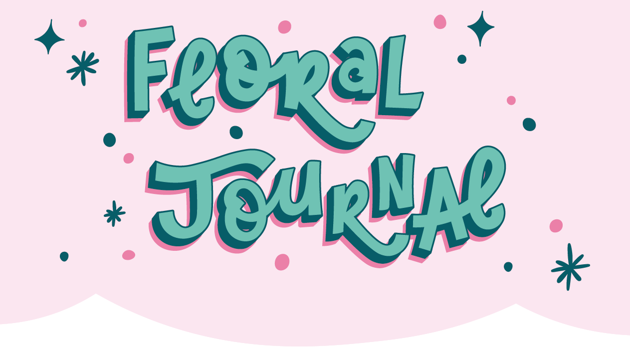 Decorative banner with 'Floral Journal' text on a pink background with scalloped edge and decoration of stars and dots