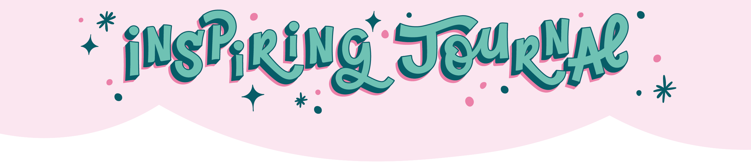 Decorative banner with 'Inspiring Journal' text on a pink background with scalloped edge and decoration of stars and dots