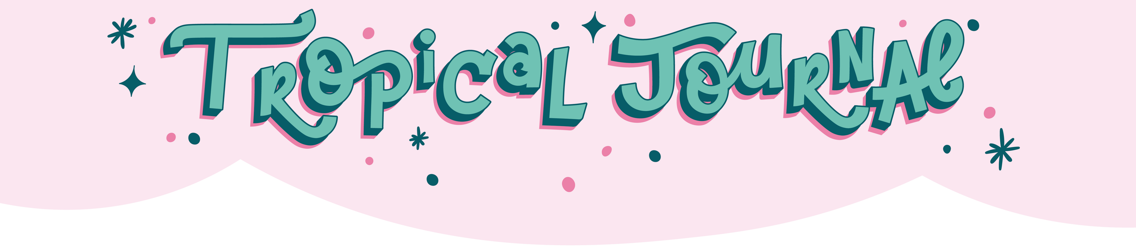 Decorative banner with 'Tropical Journal' text on a pink background with scalloped edge and decoration of stars and dots