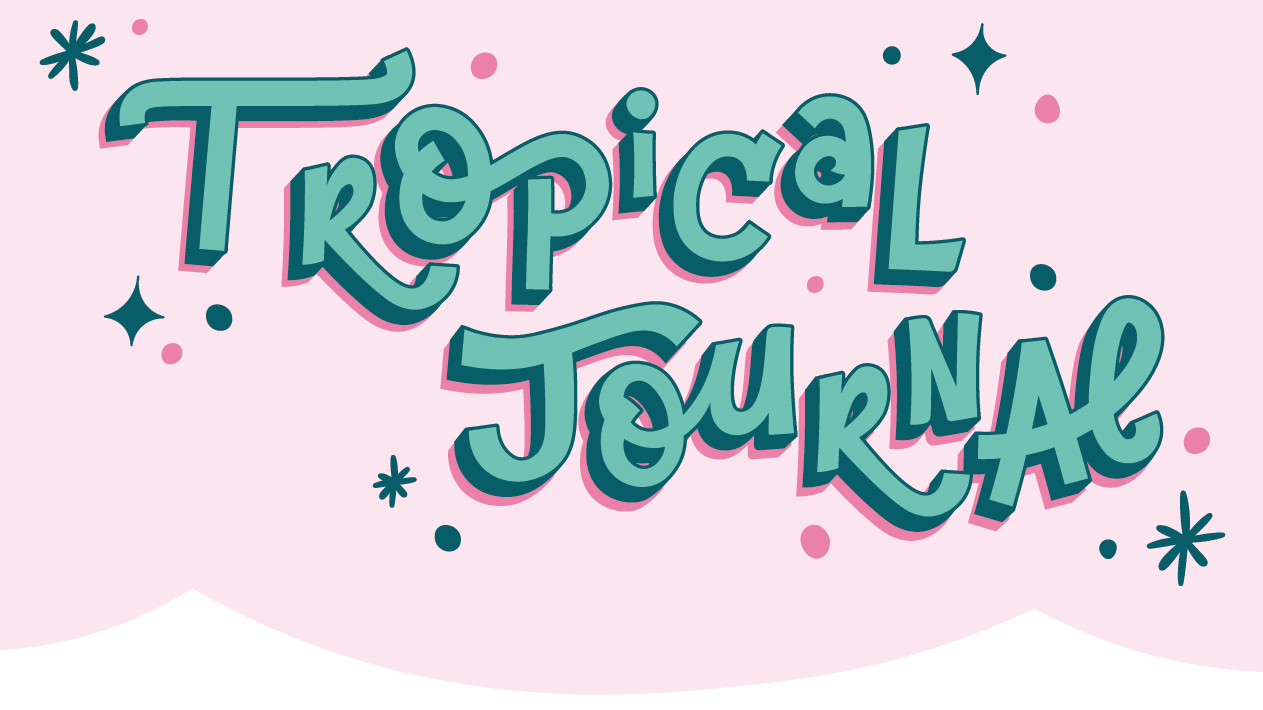 Decorative banner with 'Tropical Journal' text on a pink background with scalloped edge and decoration of stars and dots